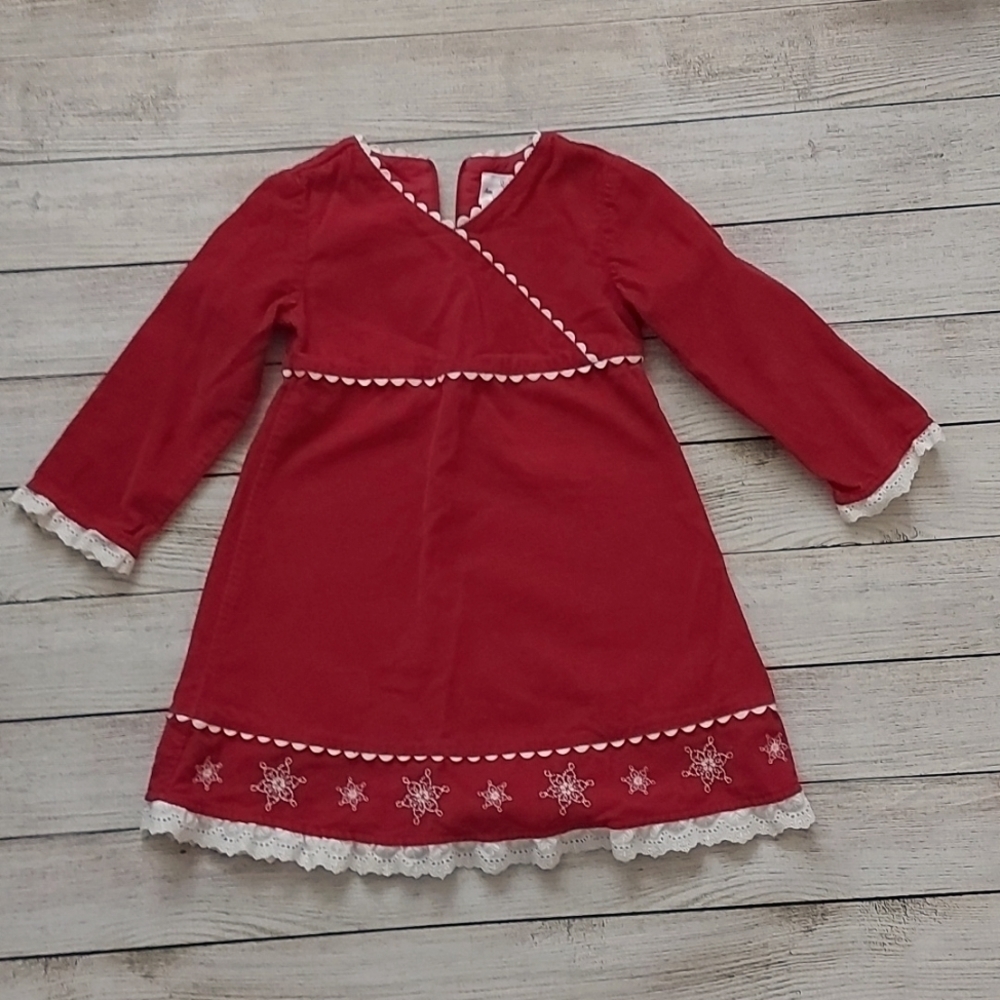 Hanna Andersson Red Corduroy Faux Wrap Dress with Lace/Embroidery Size 4